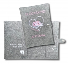 U-Heft Hülle Glückskind personalisiert mit Namen Grau/Rosa