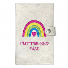 Mutter-Kind-Pass Hülle Österreich Regenbogen pink mit extra Fächern und Verschluss aus 100% Wollfilz (weiß meliert)