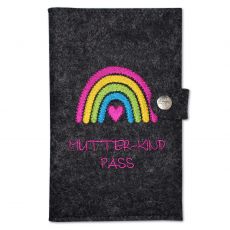 Mutter-Kind-Pass Hülle Österreich Regenbogen pink mit extra Fächern und Verschluss aus 100% Wollfilz (anthrazit meliert)