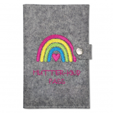 Mutter-Kind-Pass Hülle Österreich Regenbogen pink mit extra Fächern und Verschluss aus 100% Wollfilz (grau meliert)