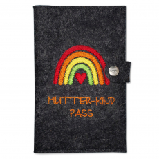 Mutter-Kind-Pass Hülle Regenbogen orange mit extra Fächern und Verschluss aus 100% Wollfilz (anthrazit meliert)