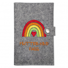 Mutter-Kind-Pass Hülle Regenbogen orange mit extra Fächern und Verschluss aus 100% Wollfilz (grau meliert)