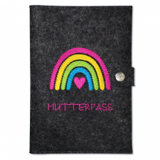 Mutterpasshülle Regenbogen in pink mit extra Fächern und Verschluss aus 100% Wollfilz (anthrazit meliert)