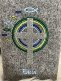 Gotteslob Hülle Kreuz mit Fische personalisiert mit Namen grau/grün/blau
